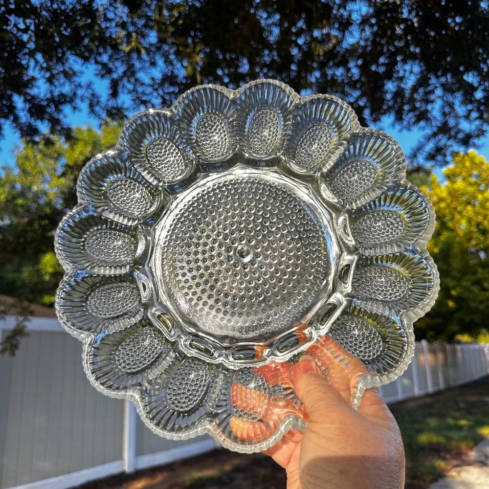 Vintage Clear Hobnail Glass Deviled Egg Platter Scalloped 15 Slot Server 11 Inch